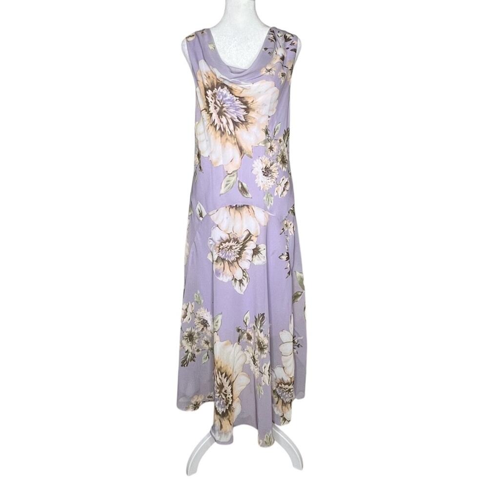 Roz & Ali Drop Waist Dress 16 Purple Floral Cowl Neck 90s Y2K Fairycore Chiffon